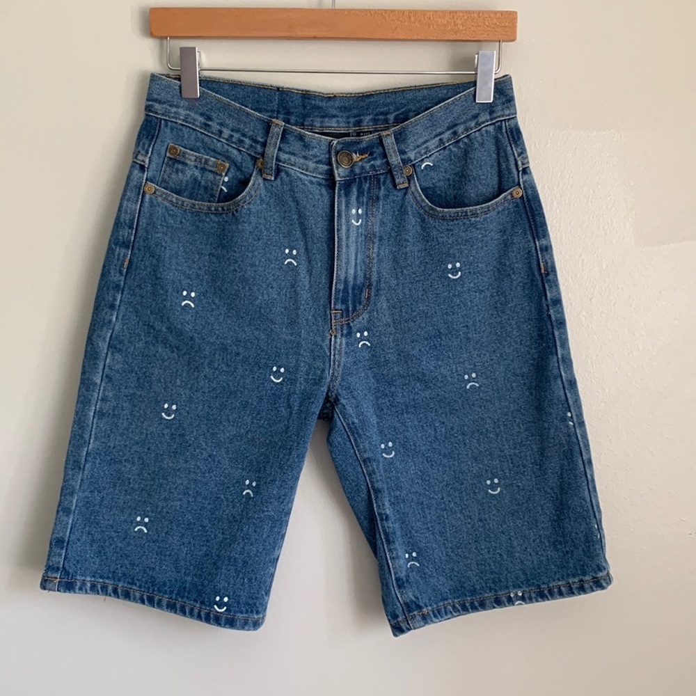 Lazy Oaf happy sad dad long jean shorts jorts bermuda blue size 28 90s Y2K